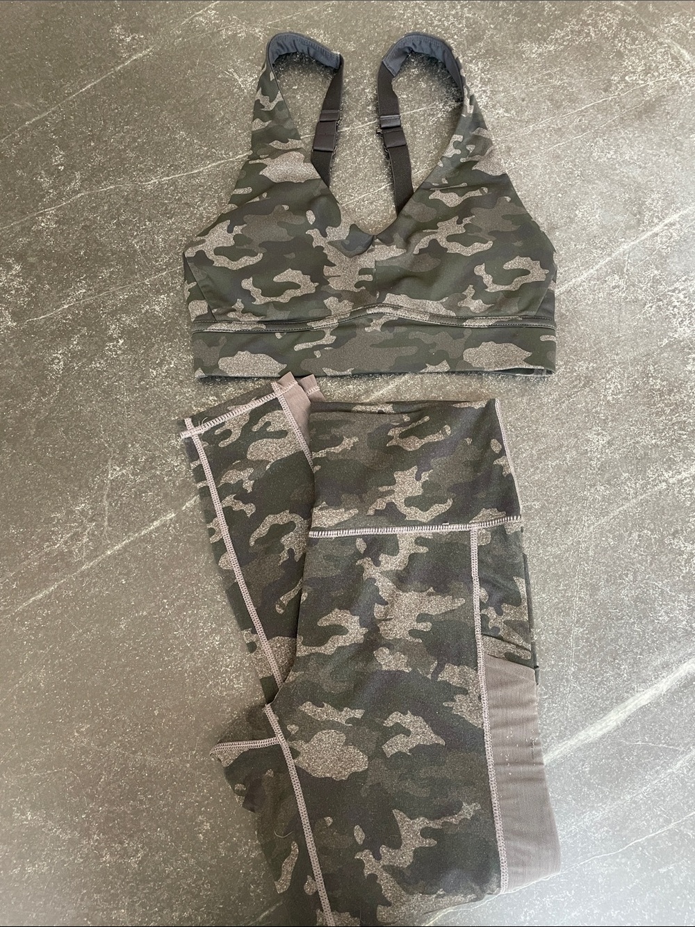 4/$20 Fabletics Camouflage Leggings and Sports Bra Set - Olive, Gray, Black